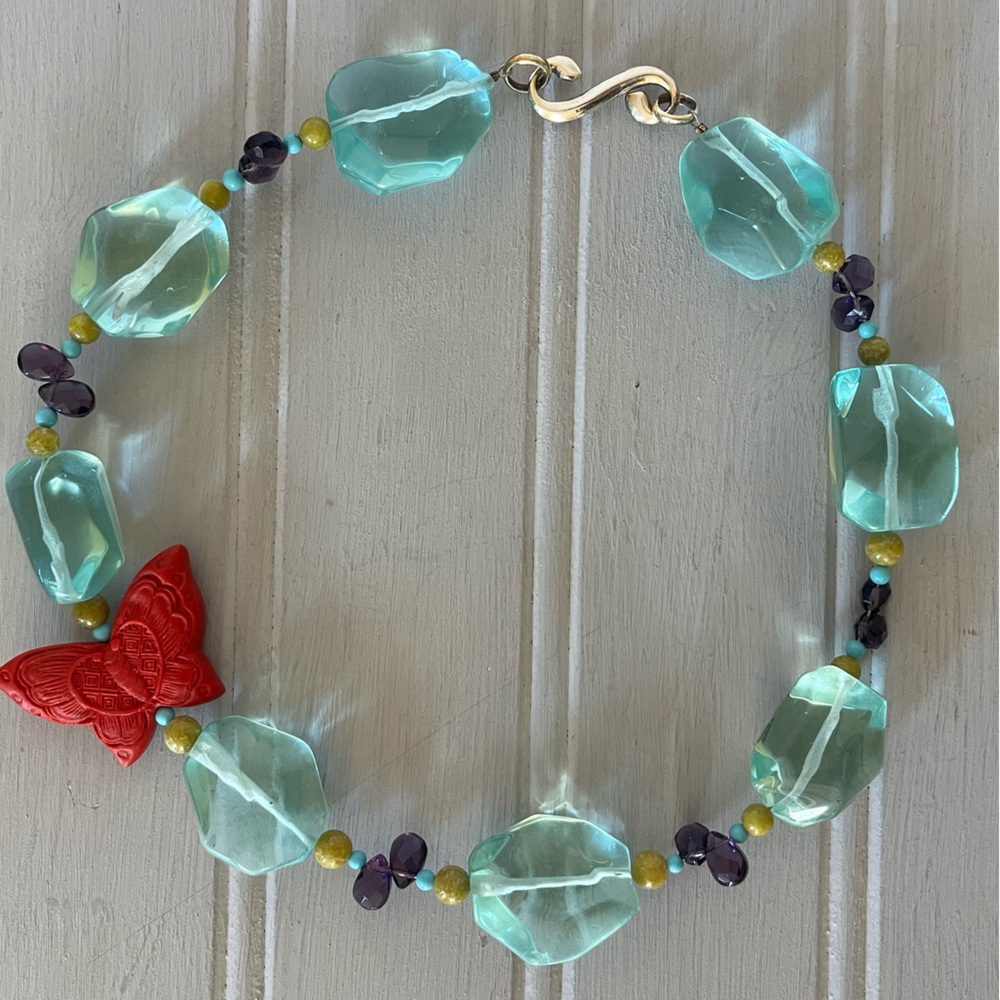 Vintage Vibrant Chunky Statement Necklace With Butterfly Retro Boho Aqua Red